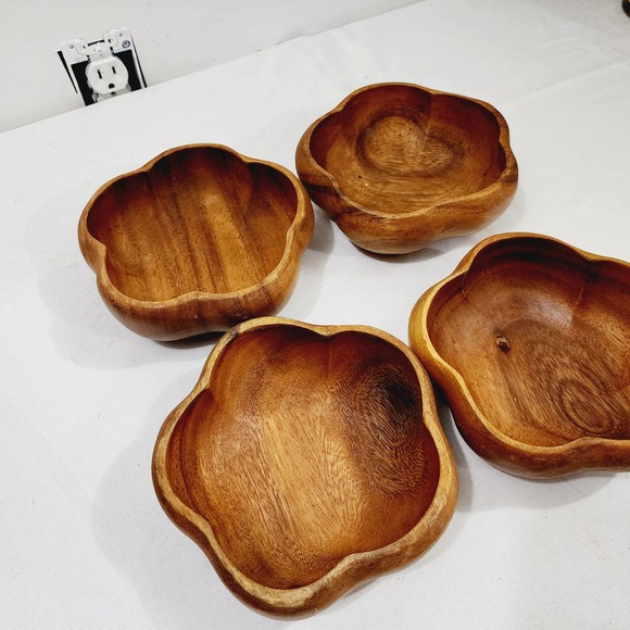 4x Dolphin Ginuwine Monkey Pod Wood Salad Serving Bowl Set Mid-Century Scalloped - Picture 10 of 14